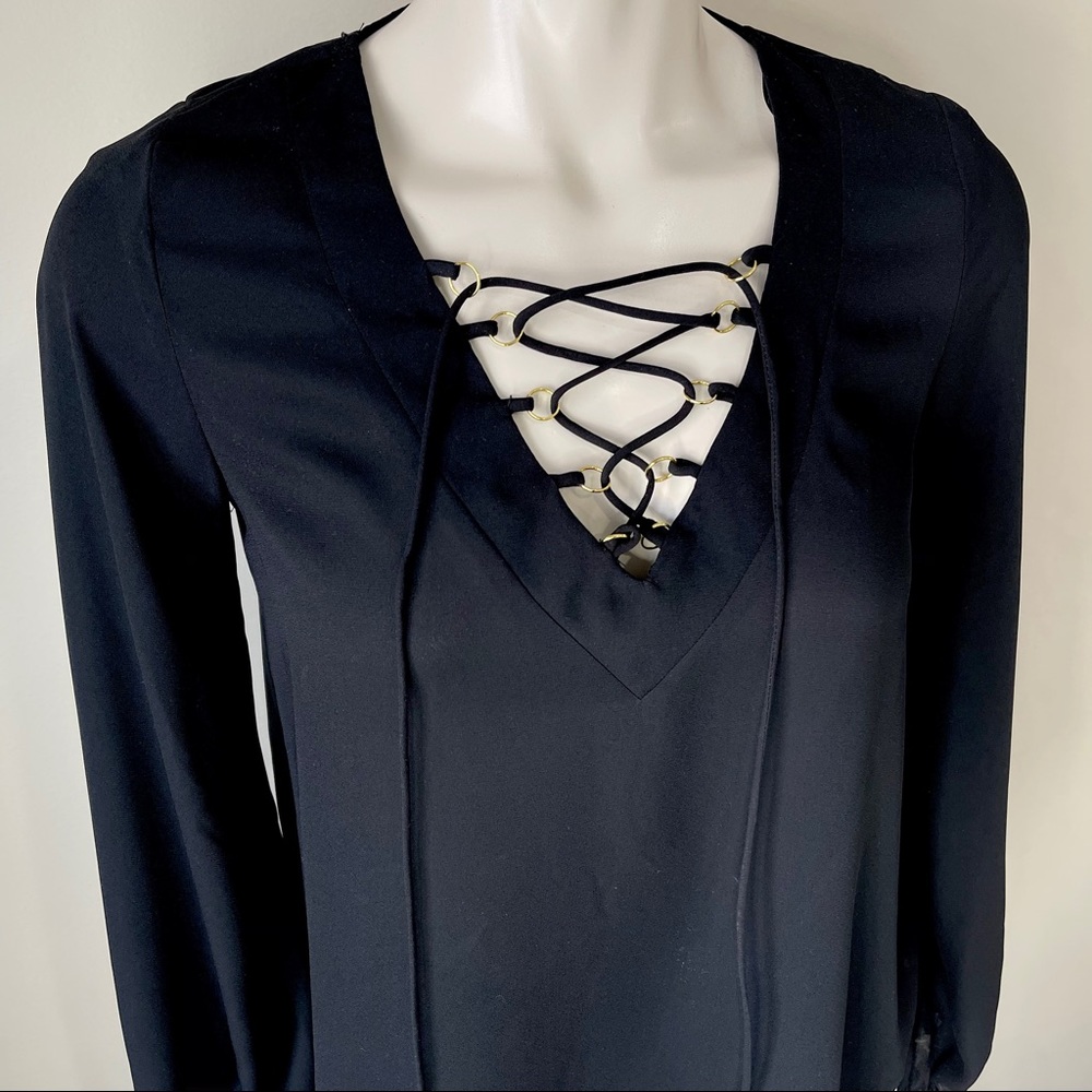 ESSENTIAL blouse ATMOSPHERE top solid black TIE UP FRONT 2  dressy top